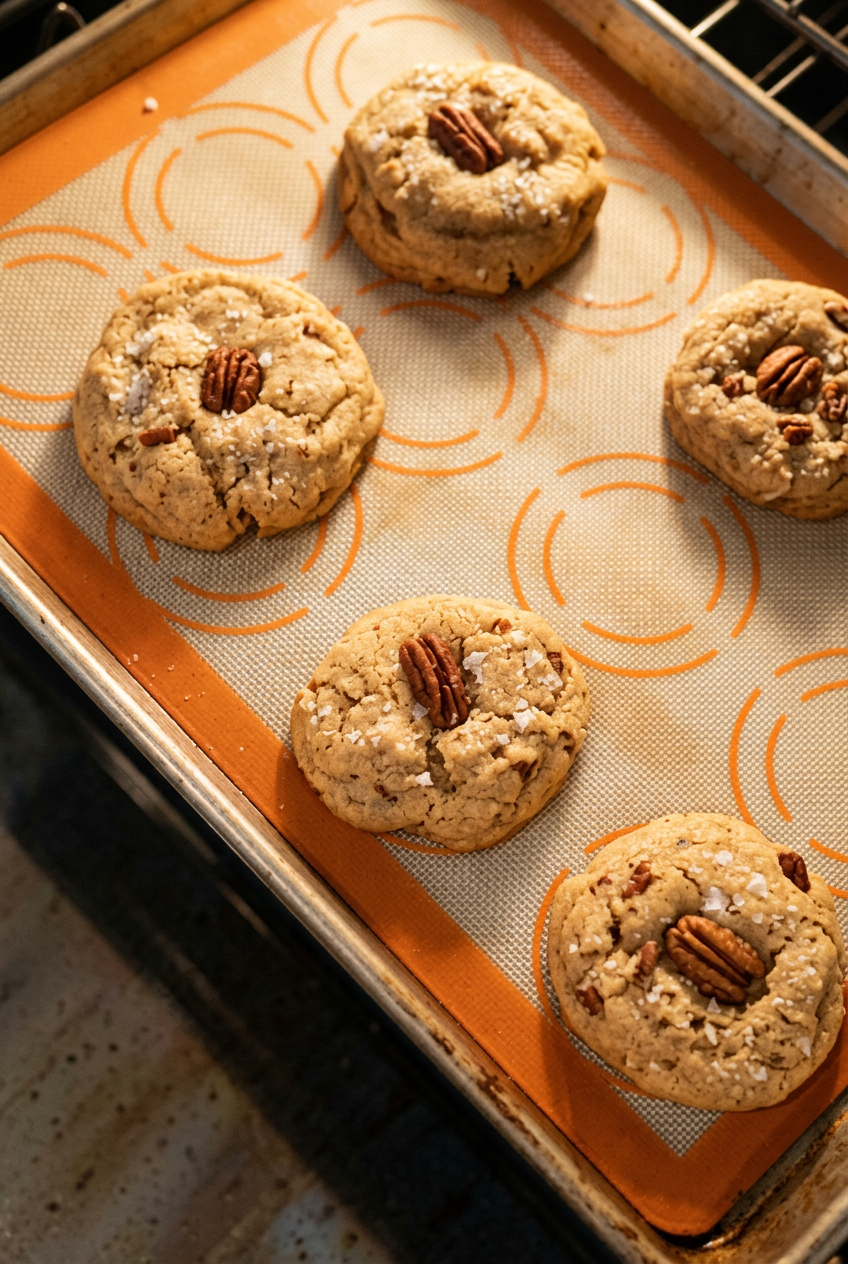 Fresh-baked pecan cookies with flaky salt